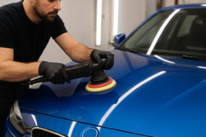 Technician performing paint correction on a blue car hood in Apopka – best paint correction Apopka. 