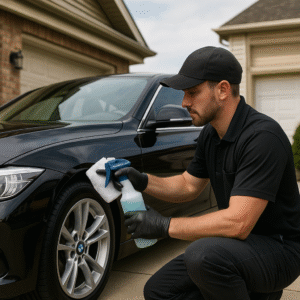 Mobile auto detailing Forest City expert polishing luxury black sedan in residential driveway. 