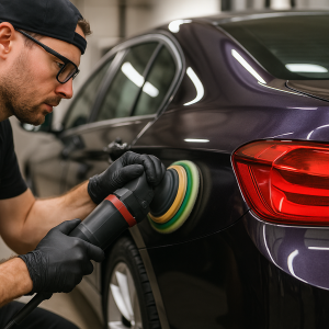 paint-correction Errol Estates 7 One step paint correction Errol Estate – professional detailer using a dual-action polisher on a dark car