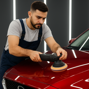Mobile Detailing Company Piedmont Lakes technician performing car detailing on red vehicle hood