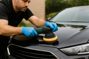 Technician polishing car hood during mobile auto detailing Forest City