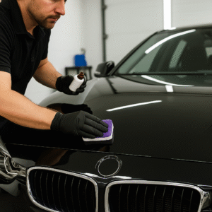 Technician applying best professional ceramic coating Forest City to car hood