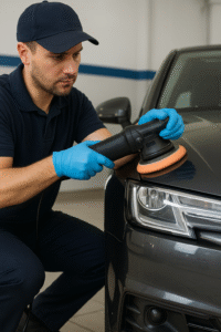 Professional paint correction compound service in Forest City being applied to a dark gray car – best paint correction compound Forest City