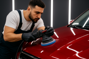 two step paint correction Rock Springs Ridge being applied on red car hood by detailer with polisher