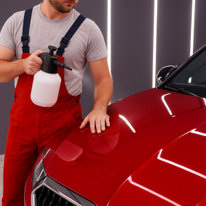 Auto Care Rock Springs Ridge specialist performing professional car detailing on a red vehicle hood indoors