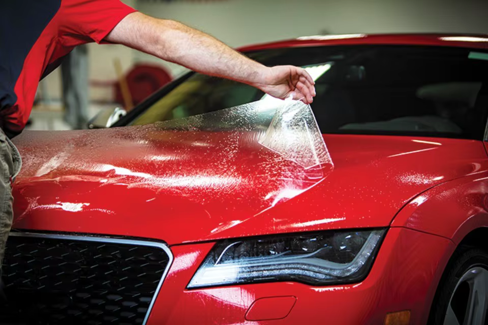 How Paint Protection Film (PPF) Works 1 Detailer demonstrating How Paint Protection Film Works by applying clear protective layer on car hood
