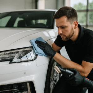 Car detailer polishing a white luxury car in Bear Lake Woods – car detailing near Bear Lake Woods