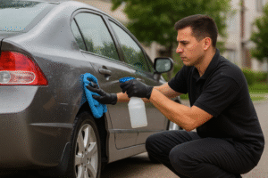 car detailing Montclair 7 mobile car detailing near Montclair technician applying exterior service to gray car