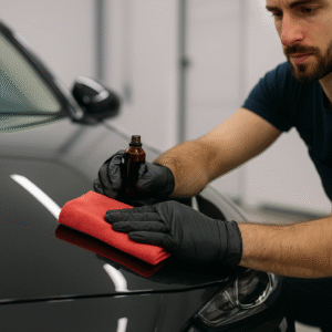 Ceramic coating Lake Doe Estates – technician applying protective layer on car hood.