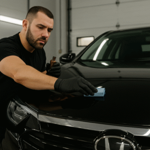 Car ceramic coating Montclair service being applied by detailer