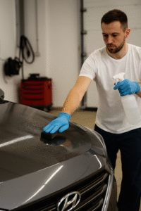 Auto detailing near Lake Doe Cove technician applying service to car hood