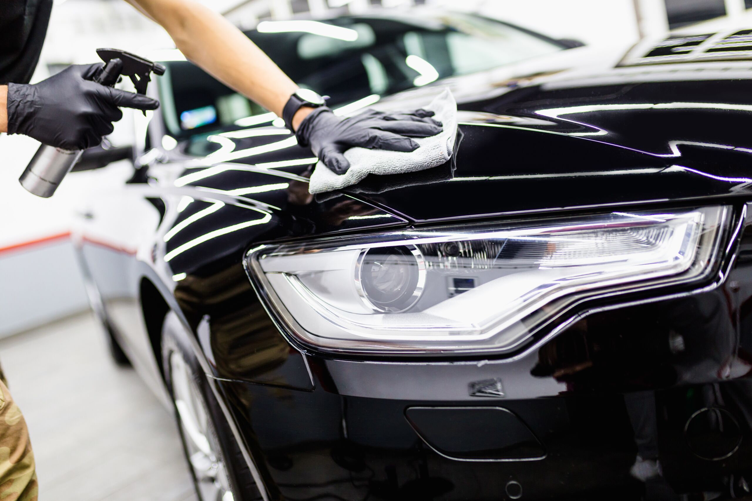 Detailer performing Professional Car Polishing on a black vehicle to restore shine