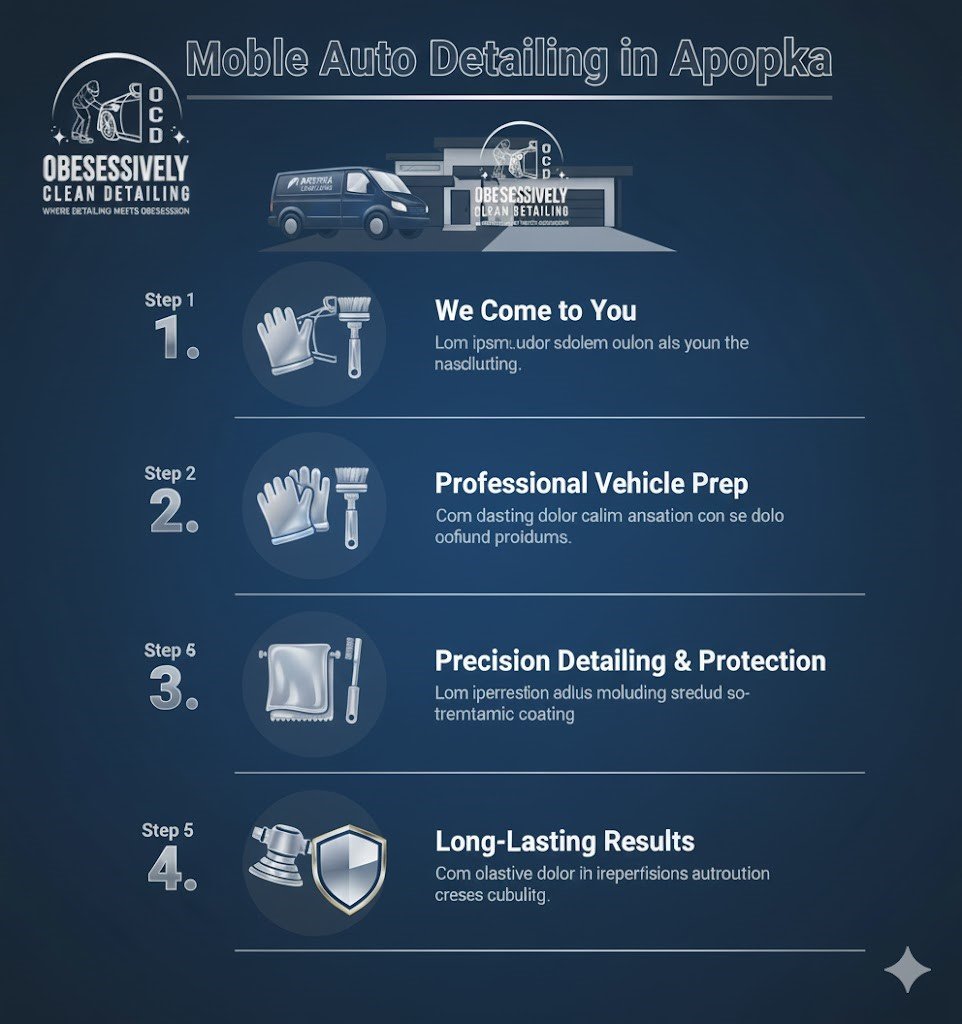 Professional 4-step infographic for OCD (Obsessive Car Detailing) in Apopka. The design uses a luxury midnight blue and silver theme. Steps include: 1. Mobile service van in an Apopka driveway, 2. Professional vehicle prep with specialized tools, 3. Precision detailing and ceramic coating protection, and 4. Final results showing a glossy car with water-beading technology. The OCD logo is featured in the top left.